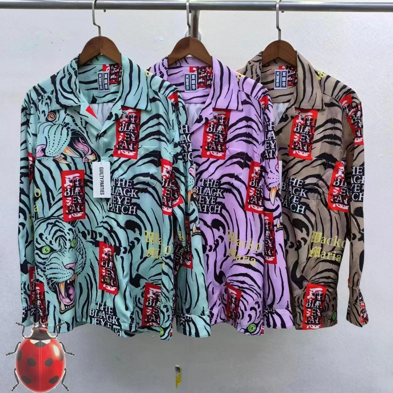 2024 Pink Khaki Green Wacko Maria Tiger Patch Print Shirt Loose Men Women High Quality Hawaii Casual Shirt Japan casual fashion men women loose high quality v neck wacko maria cardigan sweater blue khaki white tiger jacquard button coat