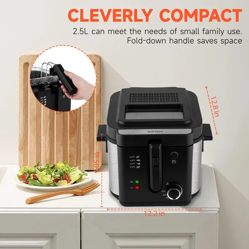 SUSTEAS Deep Fryer with Basket, 1500W Electric Deep Fryers for Home Use with Temperature Control, Removable Lid and 2.5L/1.5L
