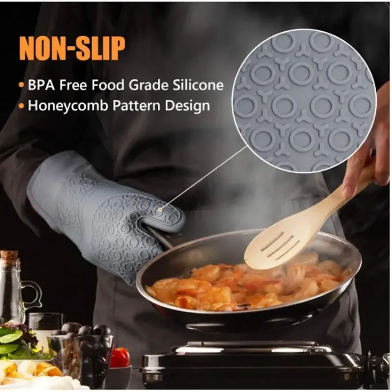 1Pcs Long Silicone Gloves With Cotton Waterproof Kitchen Microwave Mittens Gloves Cooking Bbq Heat-Resistant Oven Mitts