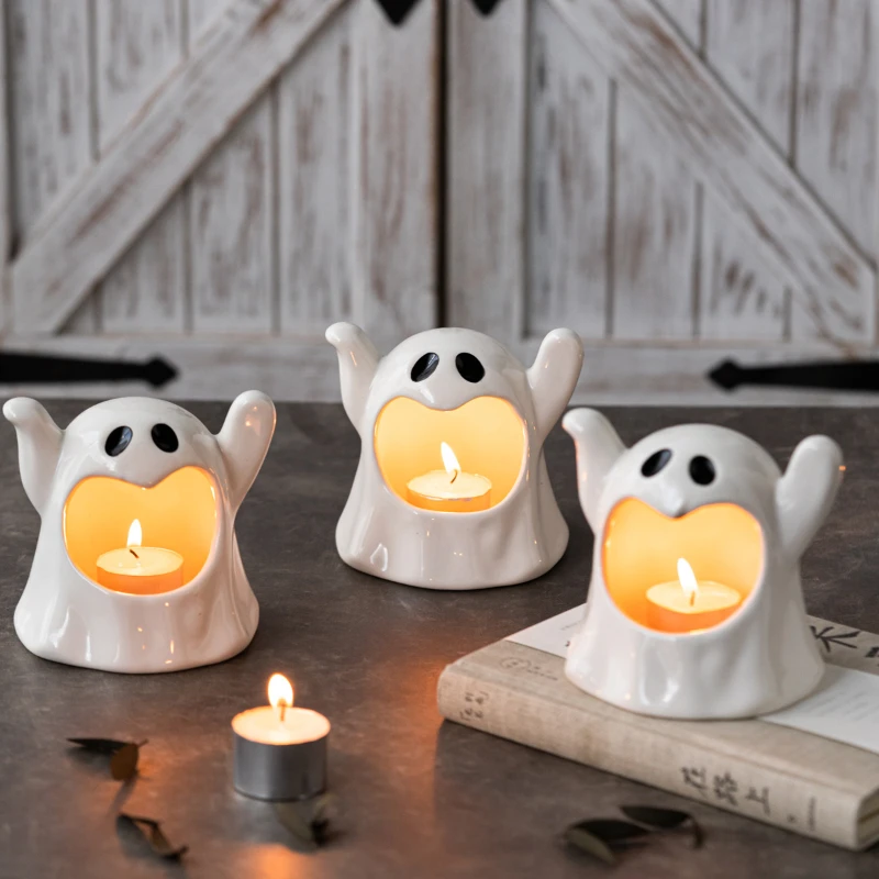 

Halloween Ghost Candlestick Candle Holder Aromatherapy Candle Container White Ceramic Ornament Living Room Halloween Decoration