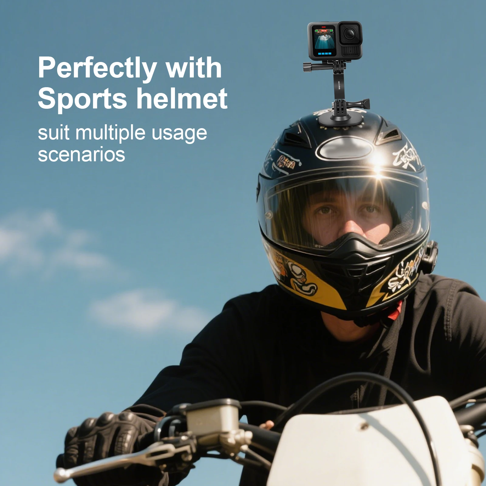 Support de casque GoPro Hero 13/12/11/10/9 DJI Osmo Action avec le bras d'extension incurvé en alliage d'aluminium incliné vers l'avant.