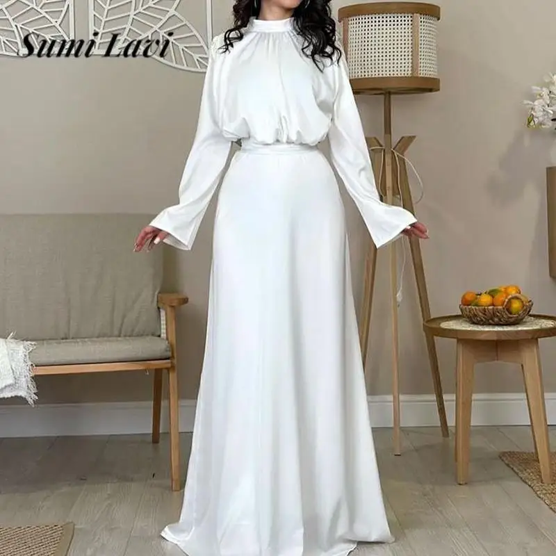 

Autumn Solid Color Ladies Long Sleeve A-Line Dress Fashion Half Turtleneck Satin Long Dress Elegant Ladies Waisted Lace-up Dress