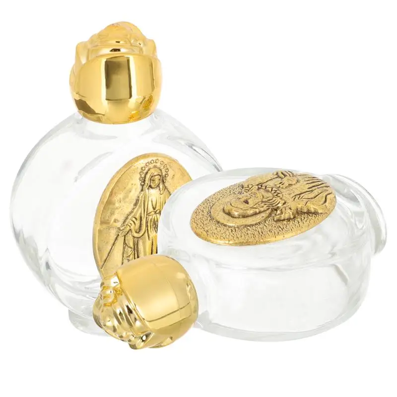 8pcs Metal Decors Glass Refillable Holy Water Container Perfume Bottles Essential Oil Bottles Random Pattern 6.5x4.3cm