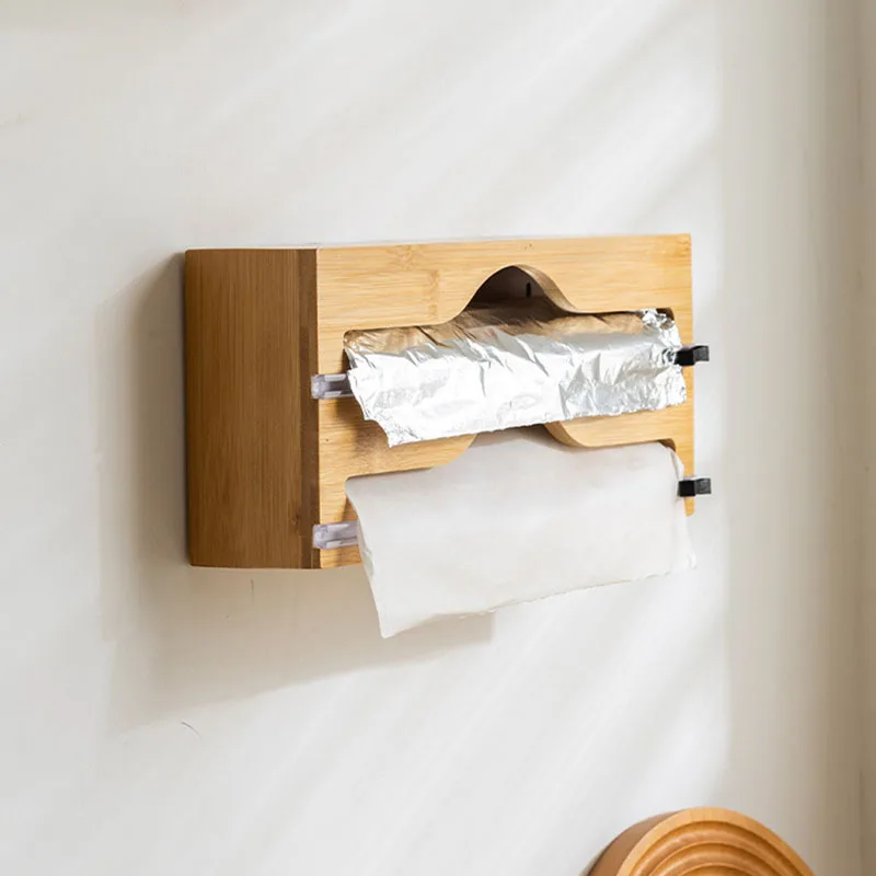 Bamboo Fresh Wrap Cut Box Wall-mounted Aluminum Foil and Plastic Wrap Foil Cutter