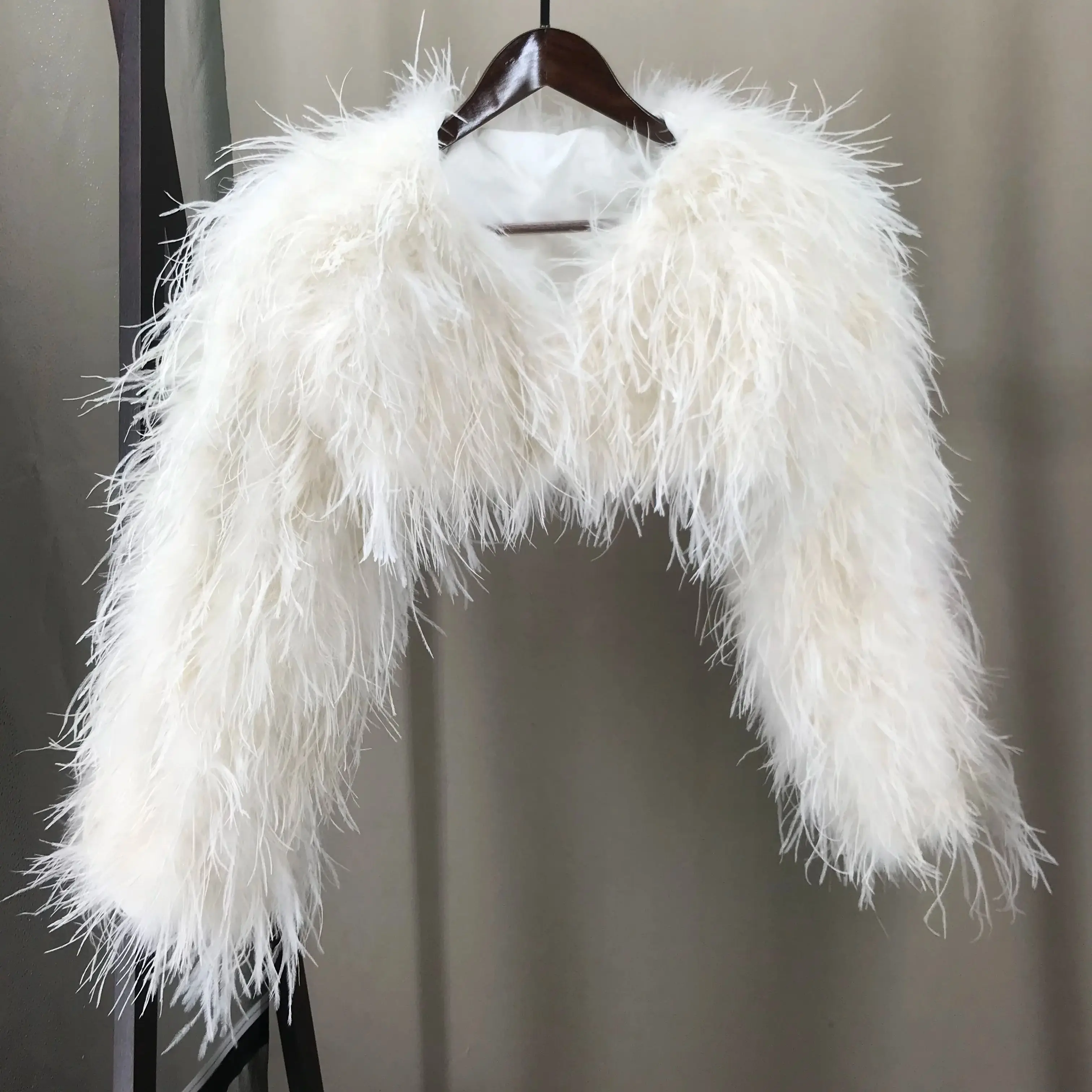 LVCOMEFF Women Ostrich Feather Cropped Jacket Bolero Top