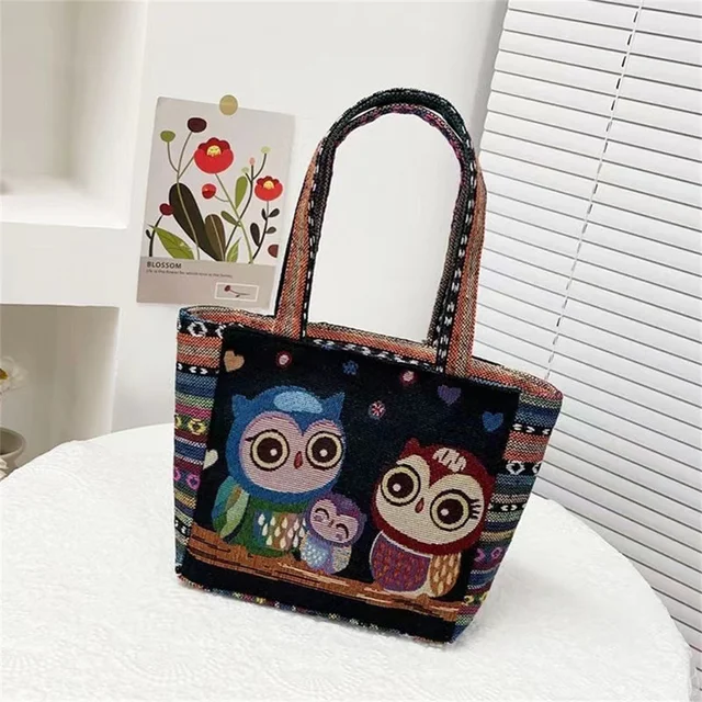 Women’s Embroidered Tote Bag – Retro Owl Print - Image 4