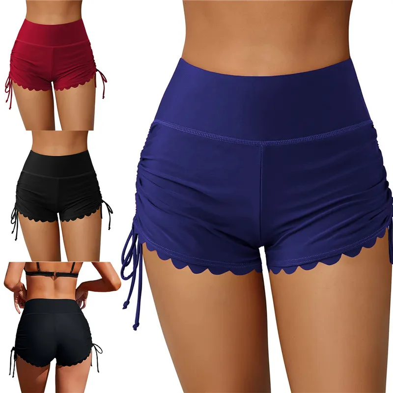 WomenSwimShortsHighWaistDrawstringWavyHemSolidSummerBathing
