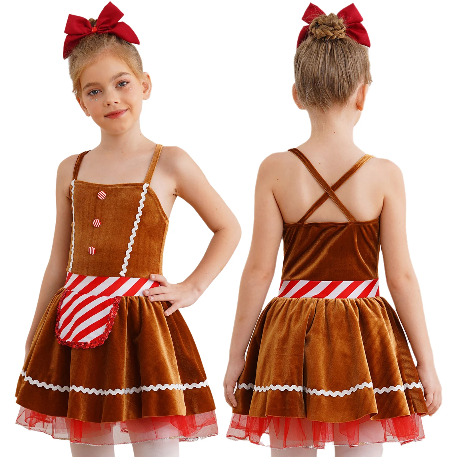 thumbnail image 1 of Disfraz de hombre de jengibre de Navidad para niñas, vestido de Papá Noel a rayas con mangas voladoras, vestido de Papá Noel, tutú de Ballet, vestido de baile y patinaje, 1 of 5