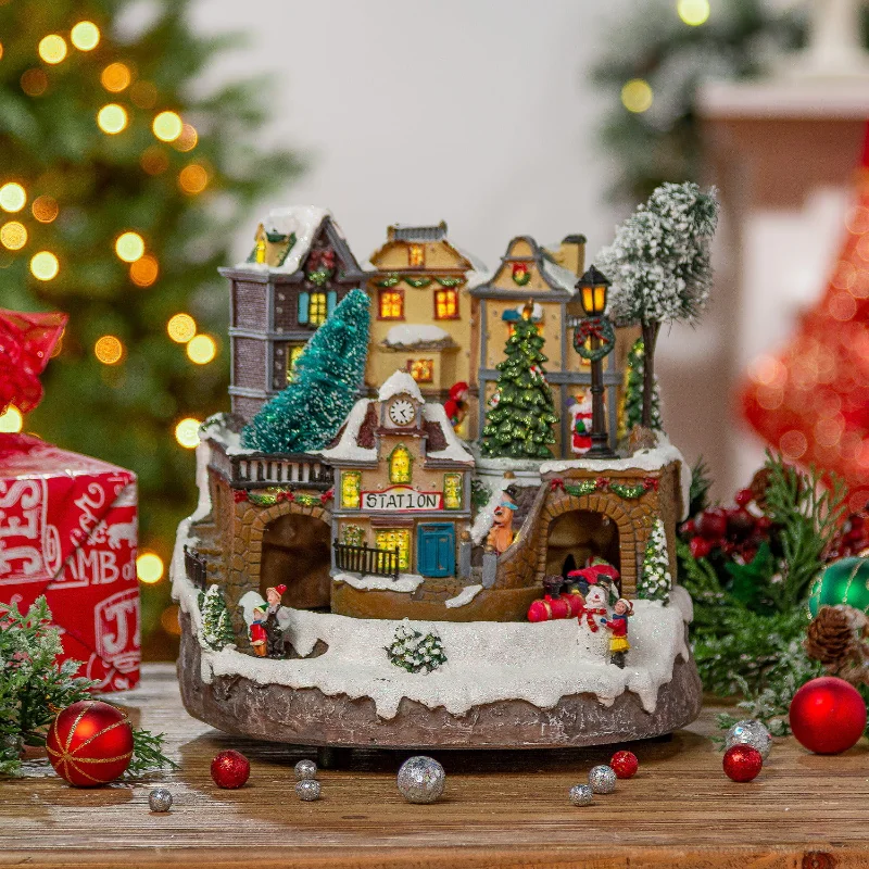 Fiber Optic Village with Moving Train and Train Station LED Lights Christmas Holiday Decorative