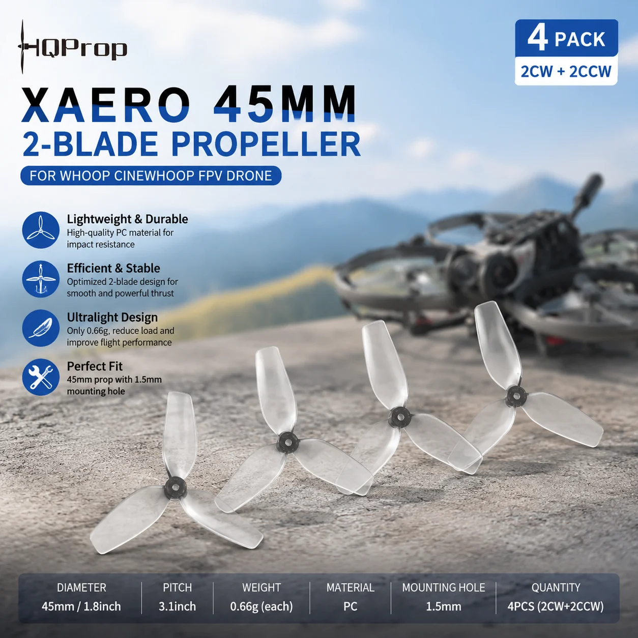 HQPro 45mm 1,8 Zoll 2-Blatt-Propeller CW CCW für Whoop Cinewhoop FPV-Drohne