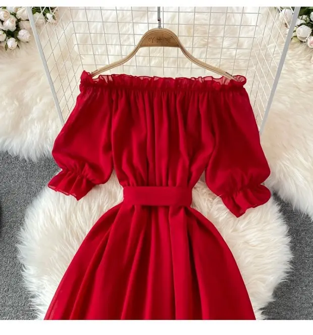 Beach Dress Women Sexy Off The Shoulder Slash Beach Chiffon Dresses Ladies Elegant A Line Bandage Party Dress Long Robe