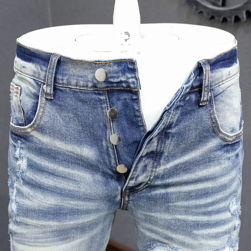 Latest Designer Street Fashion Men's Slim Fit Jeans Retro Light Blue Elastic Split Jeans White Patch Panel Hip Hop Pants