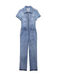 HH TRAF 2024 Women's Casual Denim Jumpsuit Summer Lapel Short Sleeve Straight Leg Jeans Long Pants Zipper Female Fashion Rompers