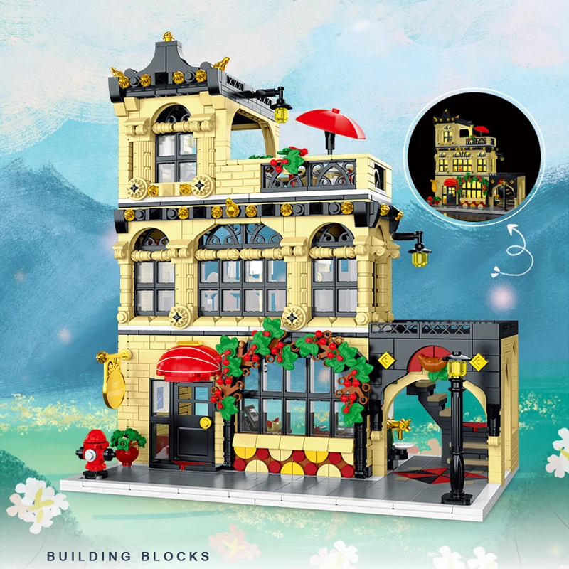 Street View City Western Restaurant Building Blocks Creative Expert Lounge Bar Model Bricks Toys For Children Birthday Gift Moc