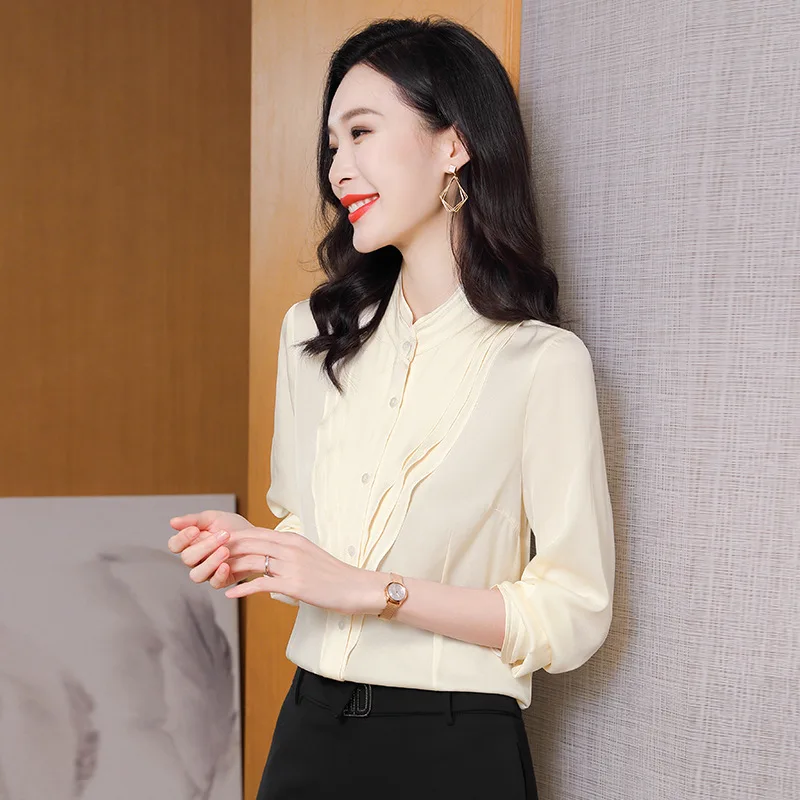 thumbnail image 1 of Camisas y blusas de seda auténtica con volantes para mujer, blusas de manga larga, blusas elegantes para oficina, primavera y otoño de 2022, 1 of 5