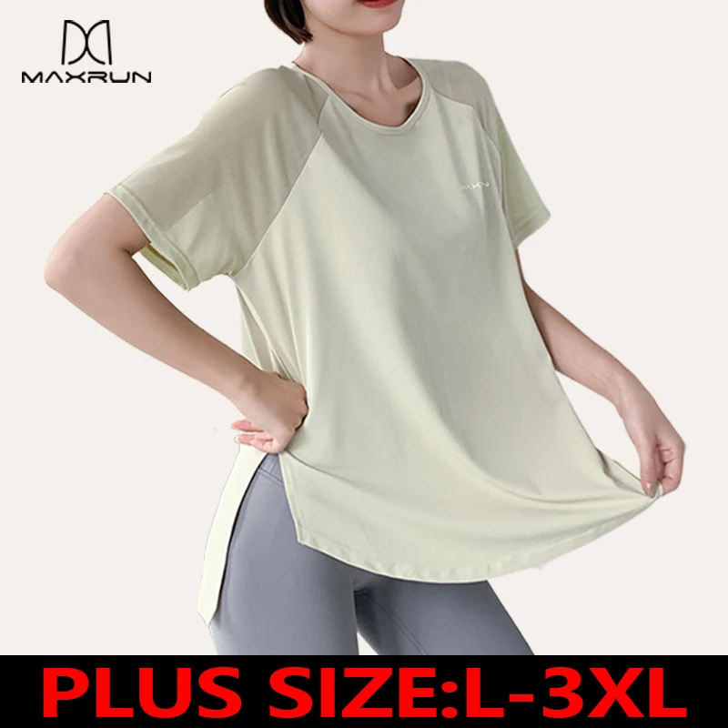 

MaxRunPro Women's Summer Sport Shirts Loose Letters Spliced Mesh Split Quick Drying Breathable Running GYM Yoga Activewear