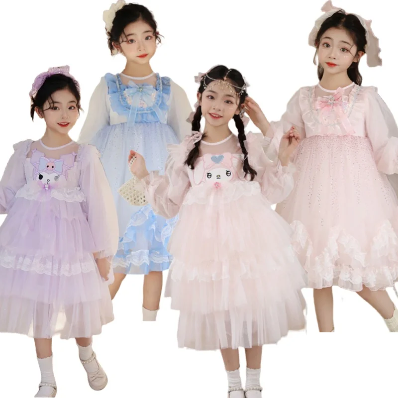 

Sanrios Anime Girls Long Sleeve Dress Kawaii Kuromi My Melody Children Mesh Princess Dresses Cartoon Spring Gauze Skirt Gift