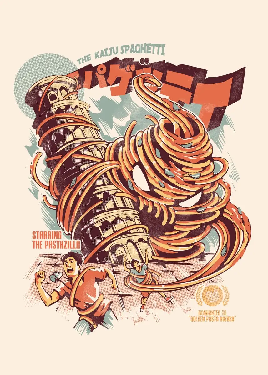 Vintage Japanese Kaijus Food Art Canvas: Sushi, Ramen, and Burgerzilla Poster
