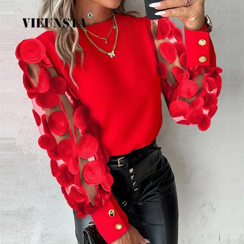 

Elegant New Petal Appliques Long Sleeve Shirt Top Office Fashion Women See Through Mesh Patchwork Blouses Lady Chic Party Shirts