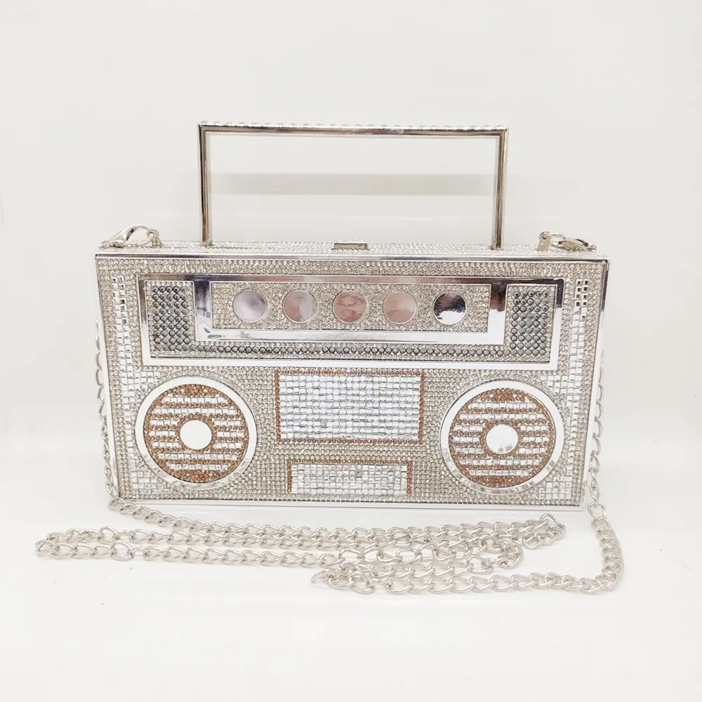 Chaliwini Color Diamonds Radio Evening Clutch Bag Women Bridal Wedding Metal Handle Shiny Rhinestone Purse And Handbags Designer