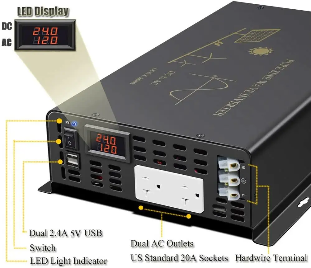 Description Picture 3 of item2000W Pure Sine Wave Solar Inverter USB Port 24V 120V Power Bank Battery Generator 12V/48V DC to 110V/220V/240V AC Converter