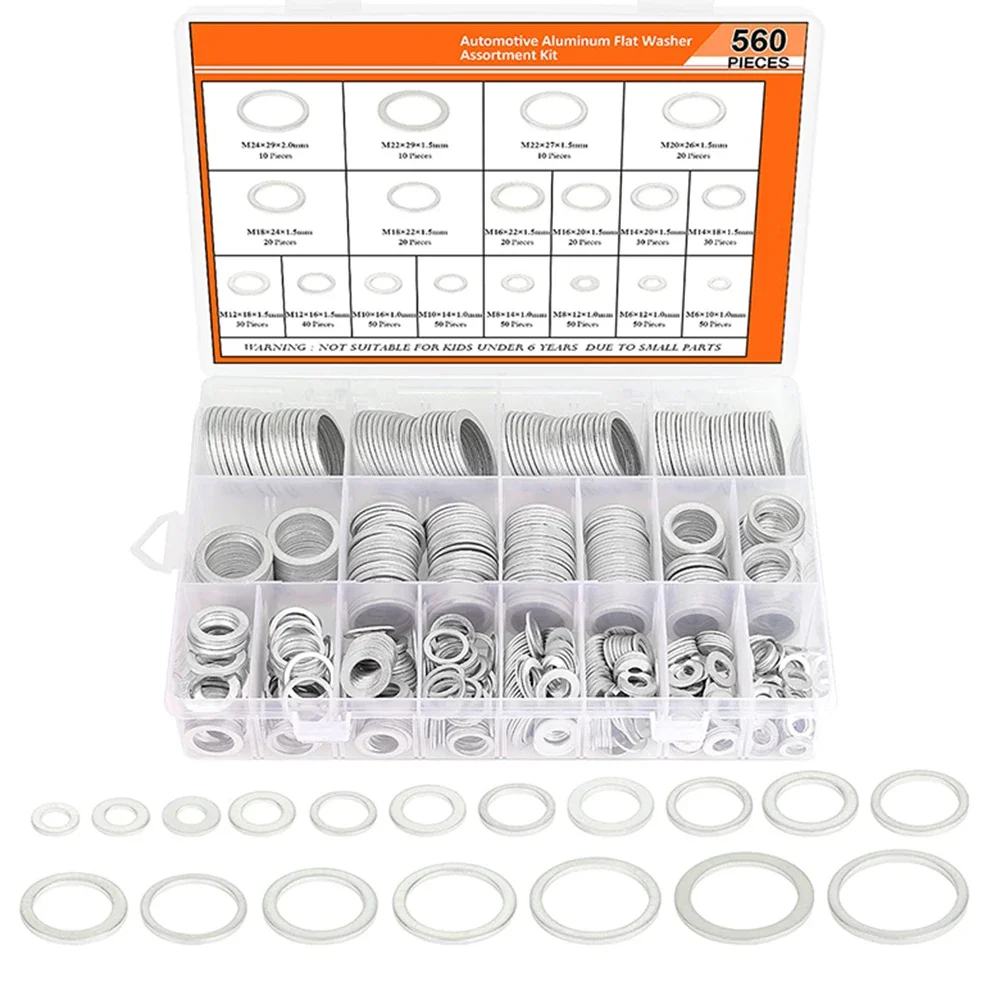 

560 pieces of 18 size automotive oil drain plug gasket, oil proof washer, aluminum flat washer combination kit (M6-M24)