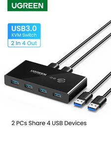 KVM-переключатель Ugreen USB 3,0 2,0, KVM-переключатель для Windows 10, ПК, клавиатуры, мыши, принтера, 2 шт., совместное использование 4 устройств, USB-переключ...