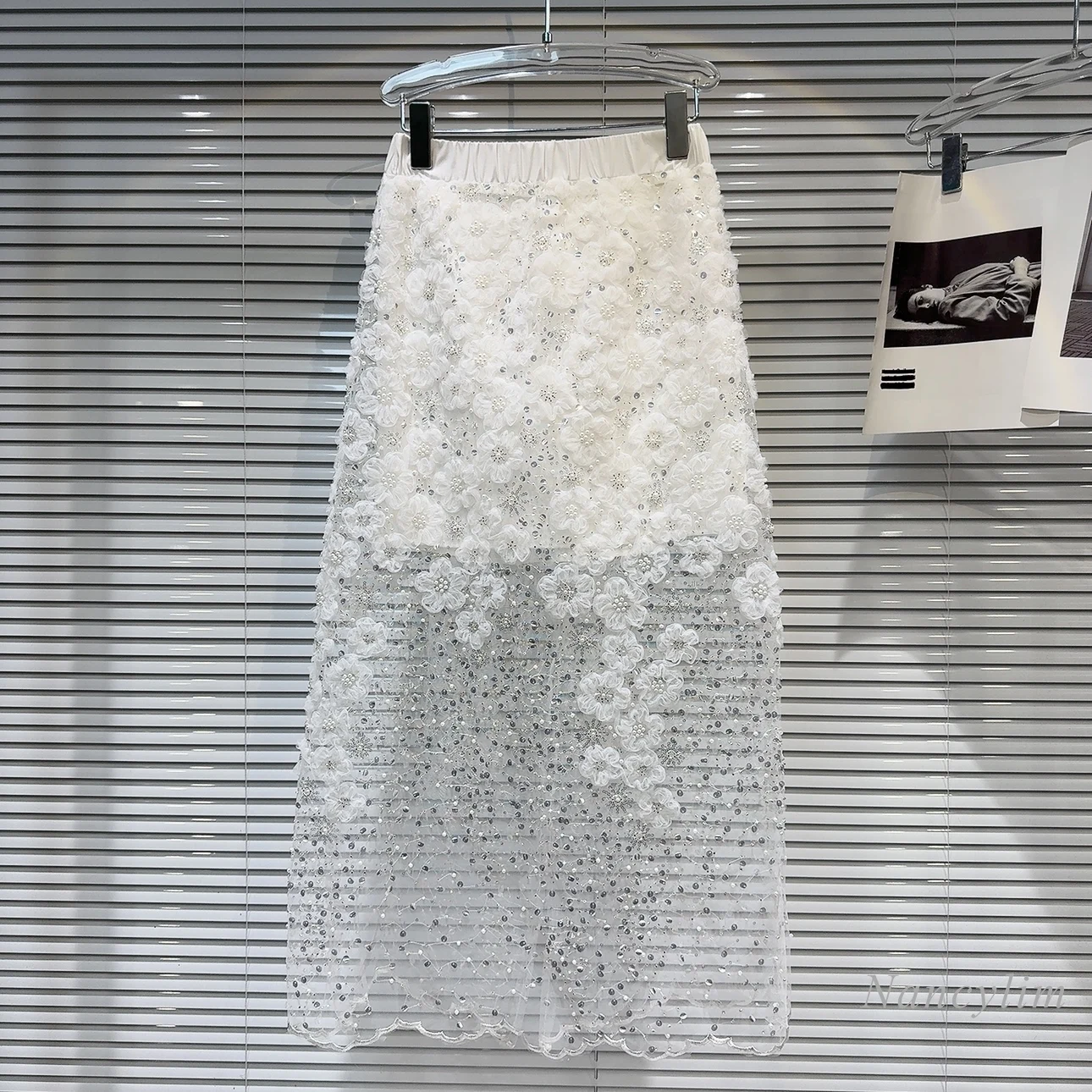 2024 Summer New Classic Style Three-Dimensional Flower Sequined Temperament Fairy Mid-Length Tulle Skirt White Lace Skirt Women 10pcs original 16 potentiometer single row three feet connection 50kb shaft length 25mm