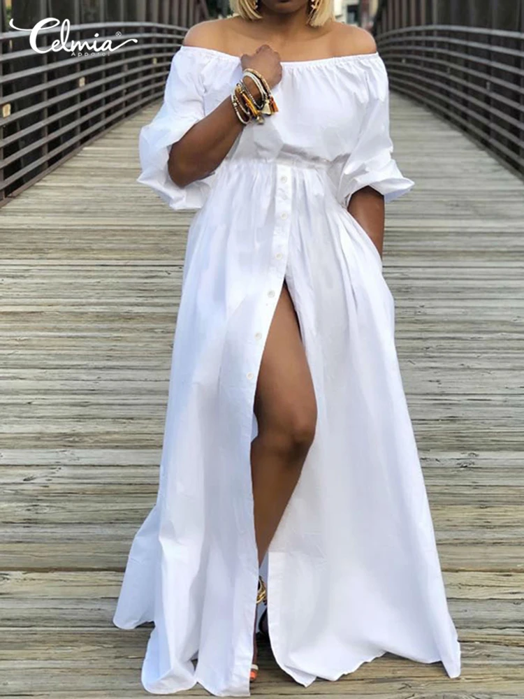 Women's Dress 2022 Celmia Summer High Split White Long Sundress Sexy High Waist Maxi Robes Three Quarter Sleeves Party Vestidos