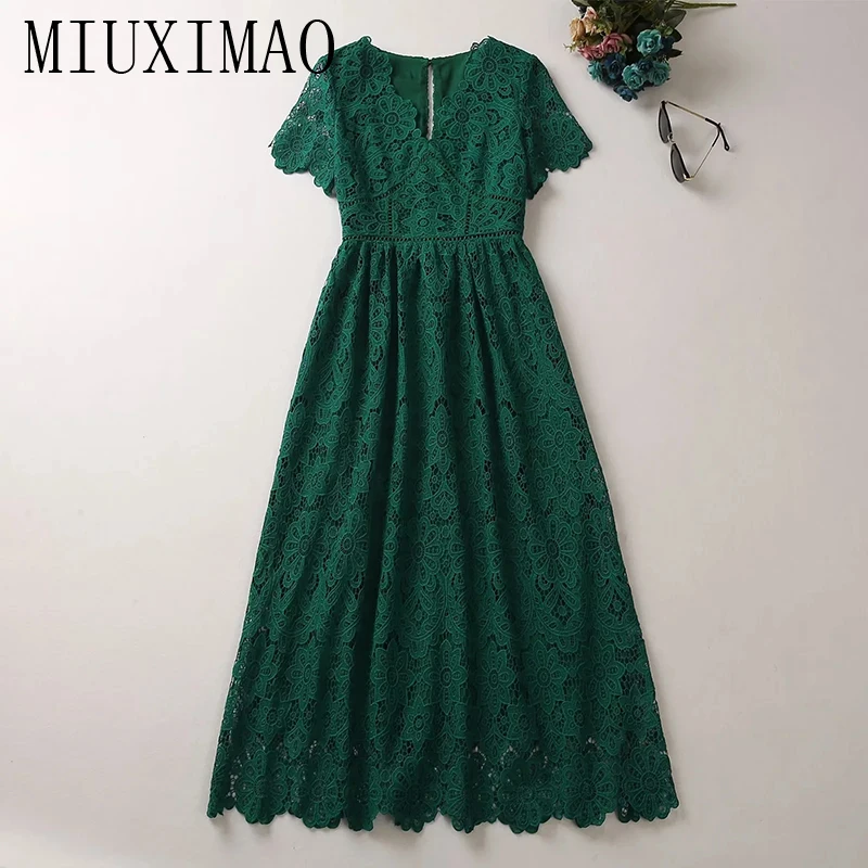 

MIUXIMAO 2023 High Quality Spring&Summer Elegant Dress ShortSleeve V-Neck Solid Lace Hollowing Fashion Long Dress Women Vestide