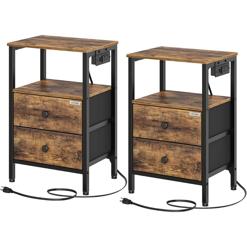 

Nightstands Set of 2,Night Stand with Charging Station USB Ports, Bedside Tables with 2 Non-Woven Drawers,Industrial Side Tables