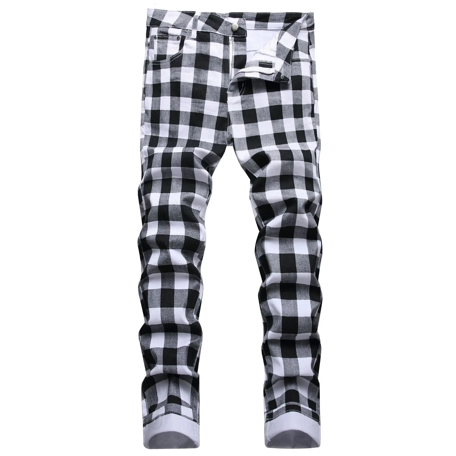 

Уличная одежда Y2K, Осенние новые модные мужские черные, белые клетчатые джинсы с принтом в стиле Харадзюку, повседневные эластичные джинсовые брюки-карго, мужская одежда