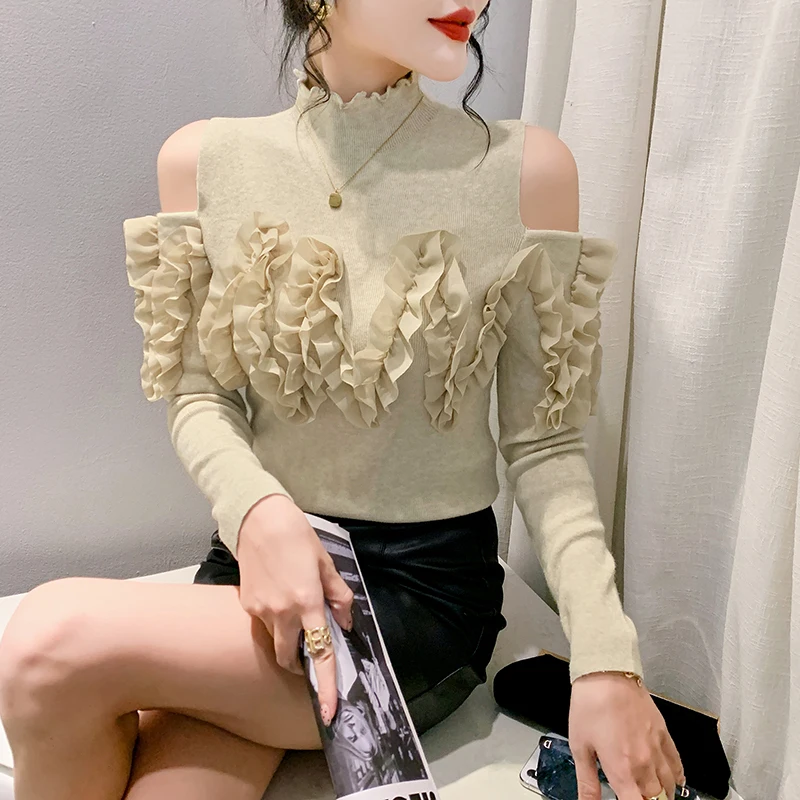 

Sexy Off Shoulder Women Sweater 2023 Autumn Winter New Fashion Knitted Shirt Half High Collar Slim Fit Long Sleeve Pullovers Top