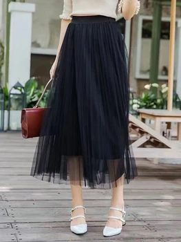 ZOKI Elegant Women Tulle Skirt Korean Fashion Mesh White A Line Ladies Pleated Skirt Summer Chic High Waist Black Party Faldas 1