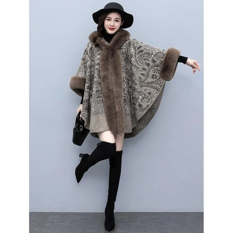 

Женская накидка с принтом, длинное Свободное пальто-пончо с рукавом летучая мышь и воротником из искусственного меха, Осень-зима, E580