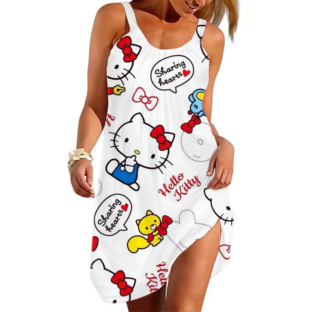 

2023 Hello Kitty Summer Sexy U-Neck Sleeveless Dress Women Fashion Casual Party Elegant Beach Loose Sling Dress