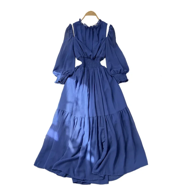 

Gentle wind ladylike temperament fake two round neck off-the-shoulder waist slimming A-line dress elegant swing long skirt