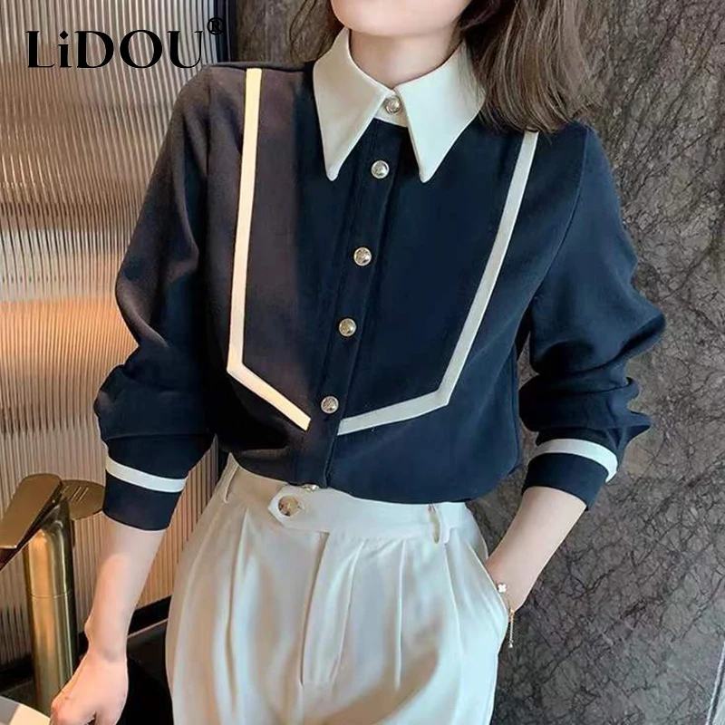 Autumn Polo Neck Corduroy Vintage Patchwork Buttons Long Sleeve Blouse Office Lady Elegant Fashion All-match Shirt Top Women