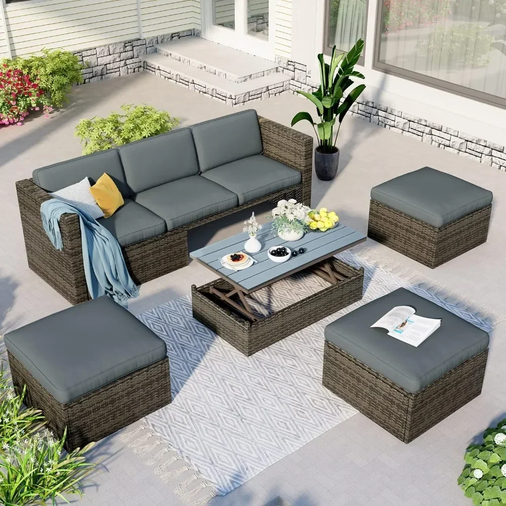 

5 Pieces Patio Furniture, Dining Sofa Set Outdoor Sectional Conversation with Adjustable Backrest Cushions,Weather Wicker Rattan