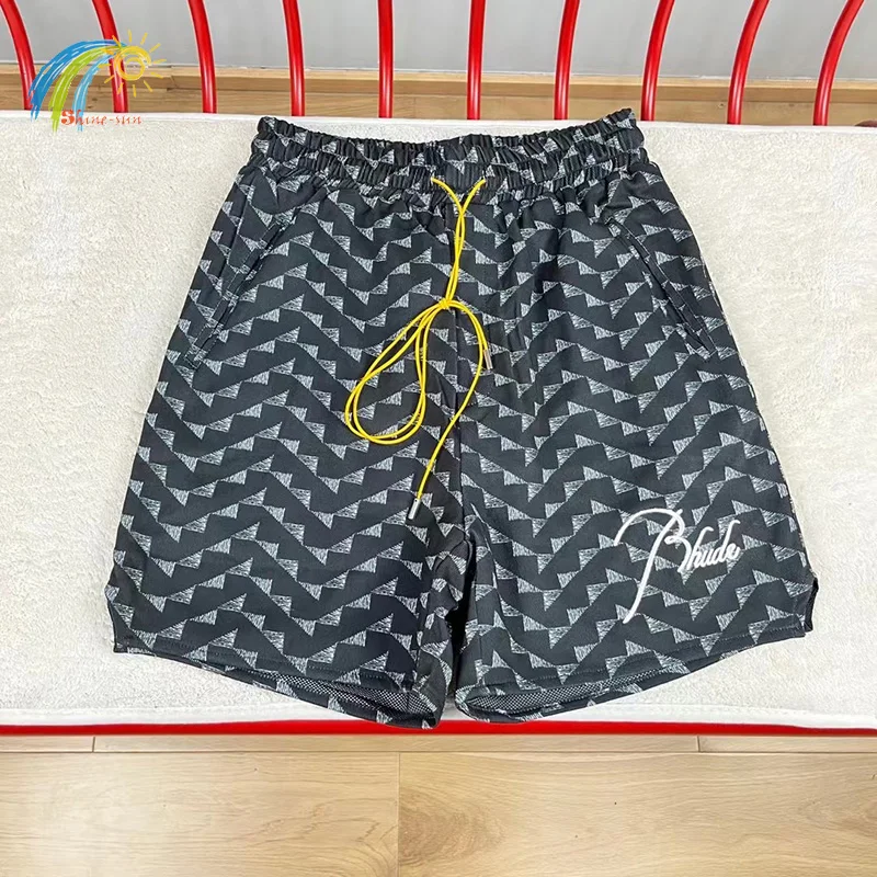 

Hip Hop Drawstring Triangle Plaid Rhude Shorts Men Women Heavy Fabric Oversize Classic Logo Embroidery Rhude Breeches Green Blue