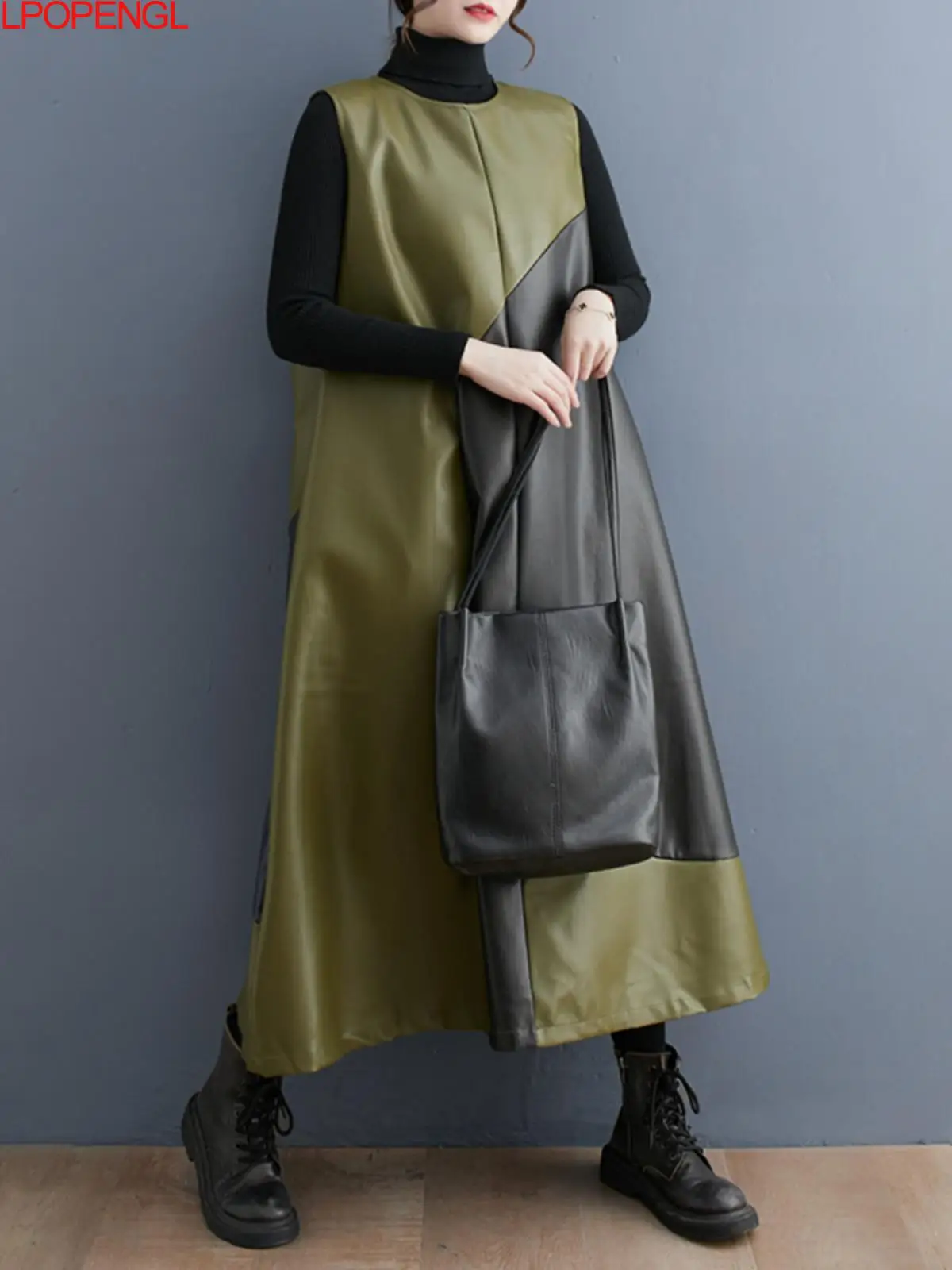 

Женское платье-жилет из ПУ кожи, свободное повседневное многослойное платье контрастных цветов без рукавов с круглым вырезом, Осень-зима