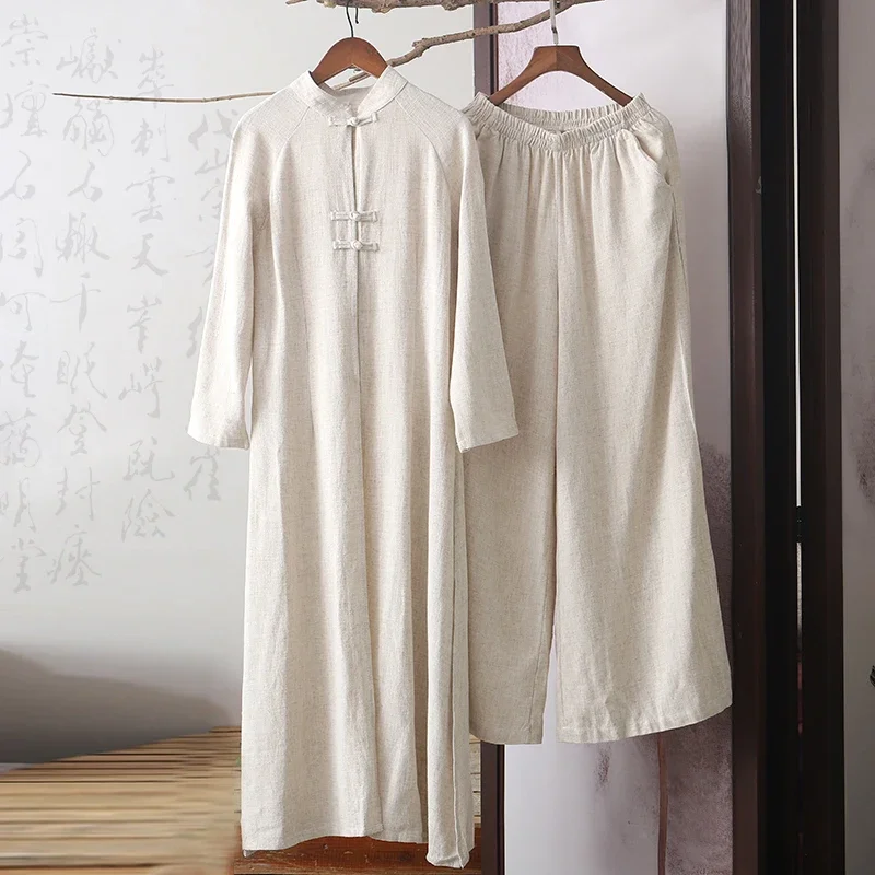Women Chinese Traditional Tang Suit Cotton Linen Robe Pants 2pcs Set Wide Leg Trouser Long Kung Fu Tai Chi Uniform Set