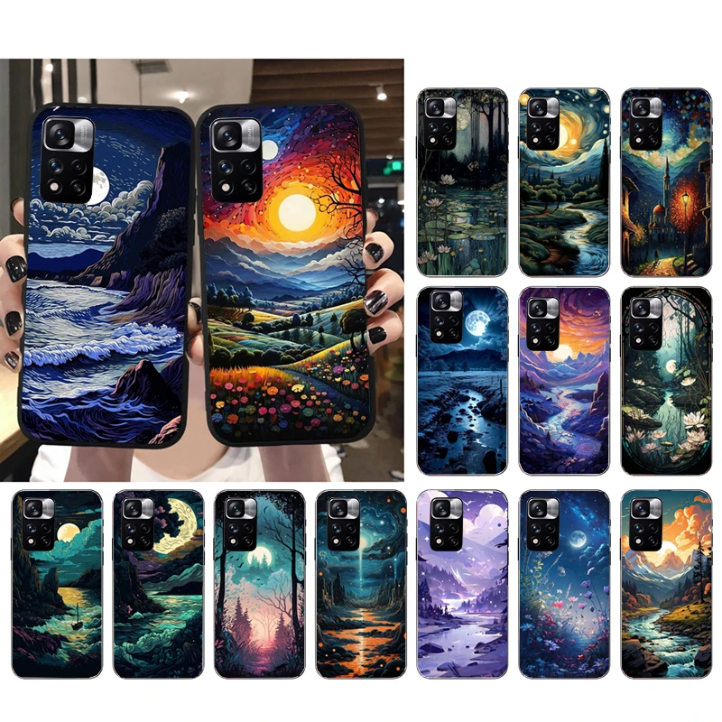 

Landscape Moon Night River Mountains Art Phone Case For Xiaomi Redmi Note 13 12 Pro 11S 11 10 Pro 10S Note 12S Redmi 10 12