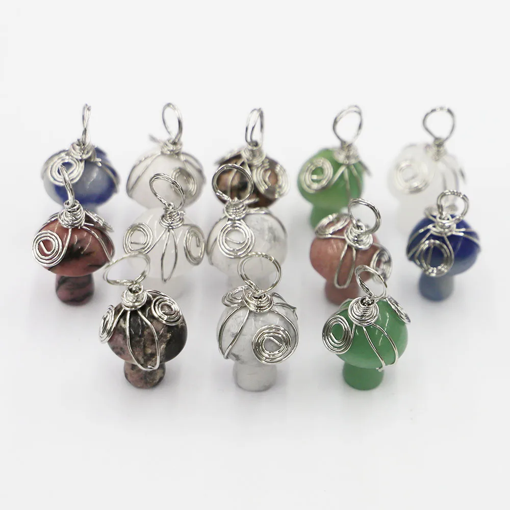 Natural Stone Silver Color Metal Pendants Winding Braid Multicolor Mushroom Necklace Reiki Charms DIY Making Jewelry Gifts 12Pcs