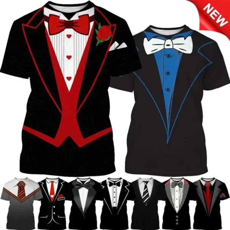 

Bow Tie Three-Dimensional 3D T-shirt Personality Tuxedo Retro Tie Suit Street Funny Fake Suit Men's Clothing T-shirt for Men