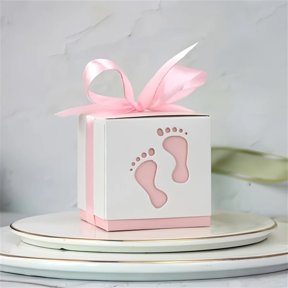 15 Stück/Packung blau rosa Fußabdruck-Süßigkeitsschachtel mit Band, Geschlecht offenbaren, Babyparty, Verlobung, Hochzeit, Dekorationszubehör – Detail 6