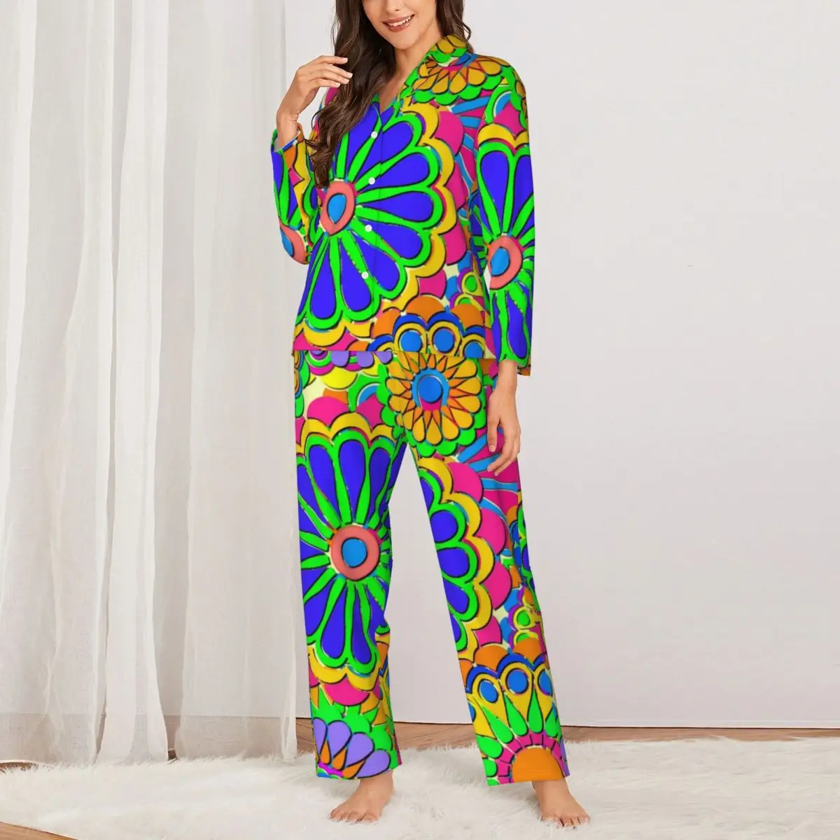 

Hippie Style Pajama Sets Colorful Flower Power Elegant Sleepwear Women Long Sleeve Casual Sleep 2 Piece Nightwear Big Size 2XL