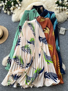 SINGREINY Print Pleated Long Skirt French Style High Waist Slim Flowy Versatile Workwear Feminine Summer Vintage Vacation Skirts
