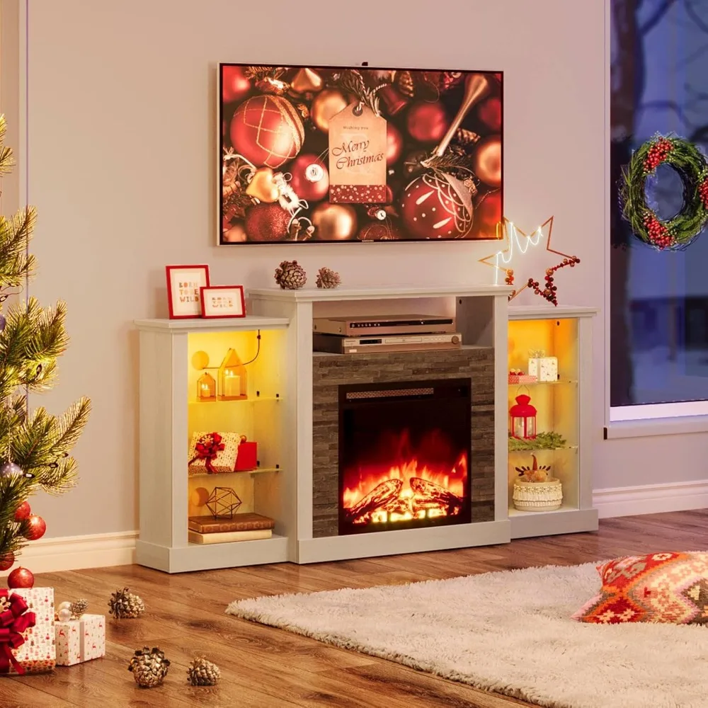 Fireplace TV Stand with LED Lights and Power Outlets,Entertainment Center with Adjustable Glass Shelves, Ivory White 2