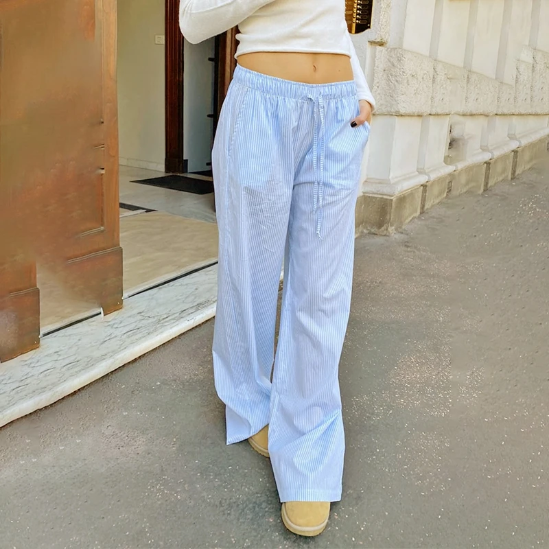 Pantalones anchos a rayas de moda elegante para mujer, ropa de calle coreana, informales, con cordón, de cintura alta, sueltos, rectos, largos, ropa de estar por casa